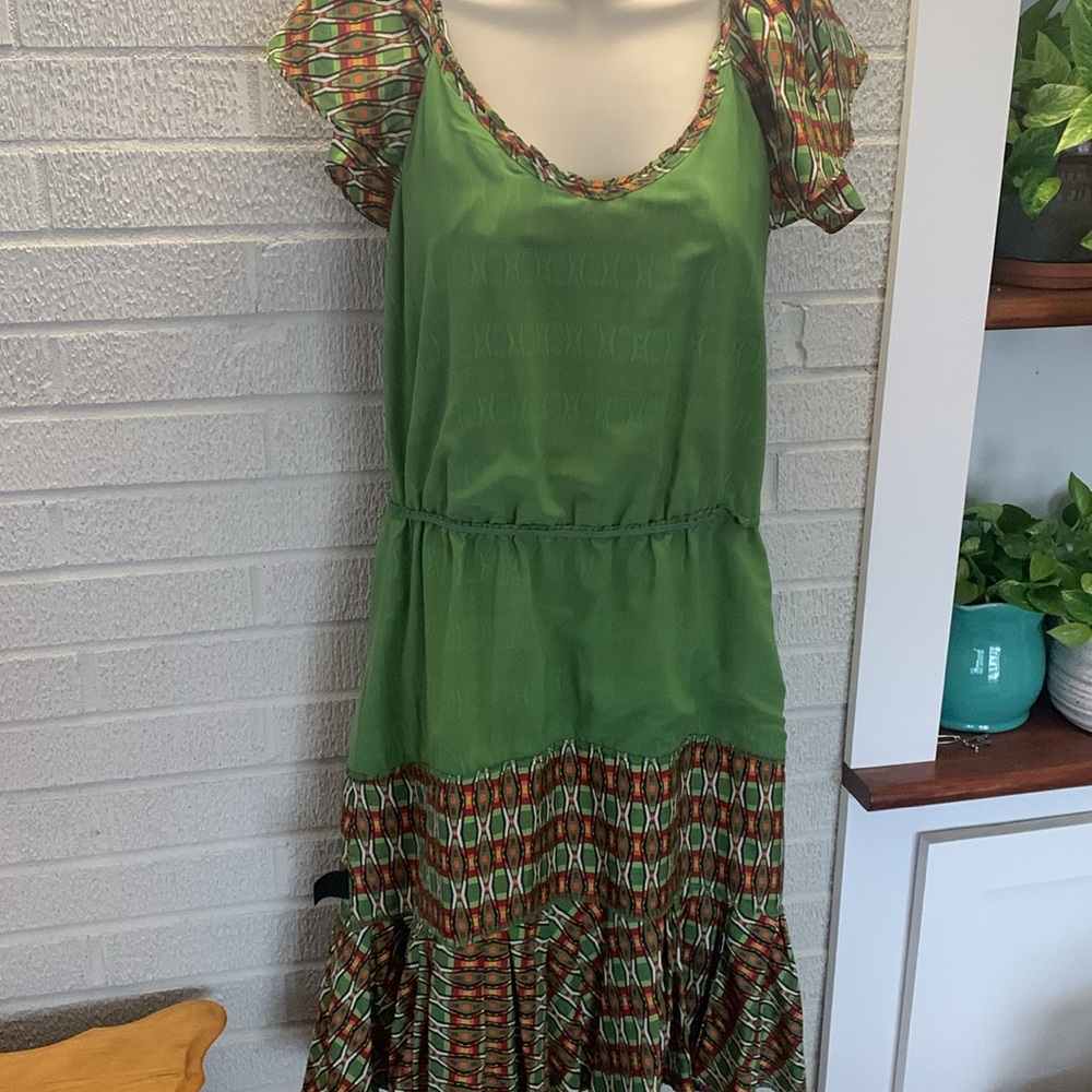Cynthia Steffe Size 6 100% Silk Sleeveless Green Orange Dress Tiered Ruffles - Picture 9 of 13